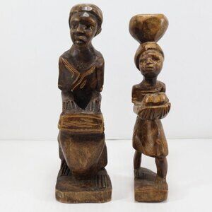 2 Vintage Primitive Figurines African Wood Carving Women Basket Tribal Folk Art